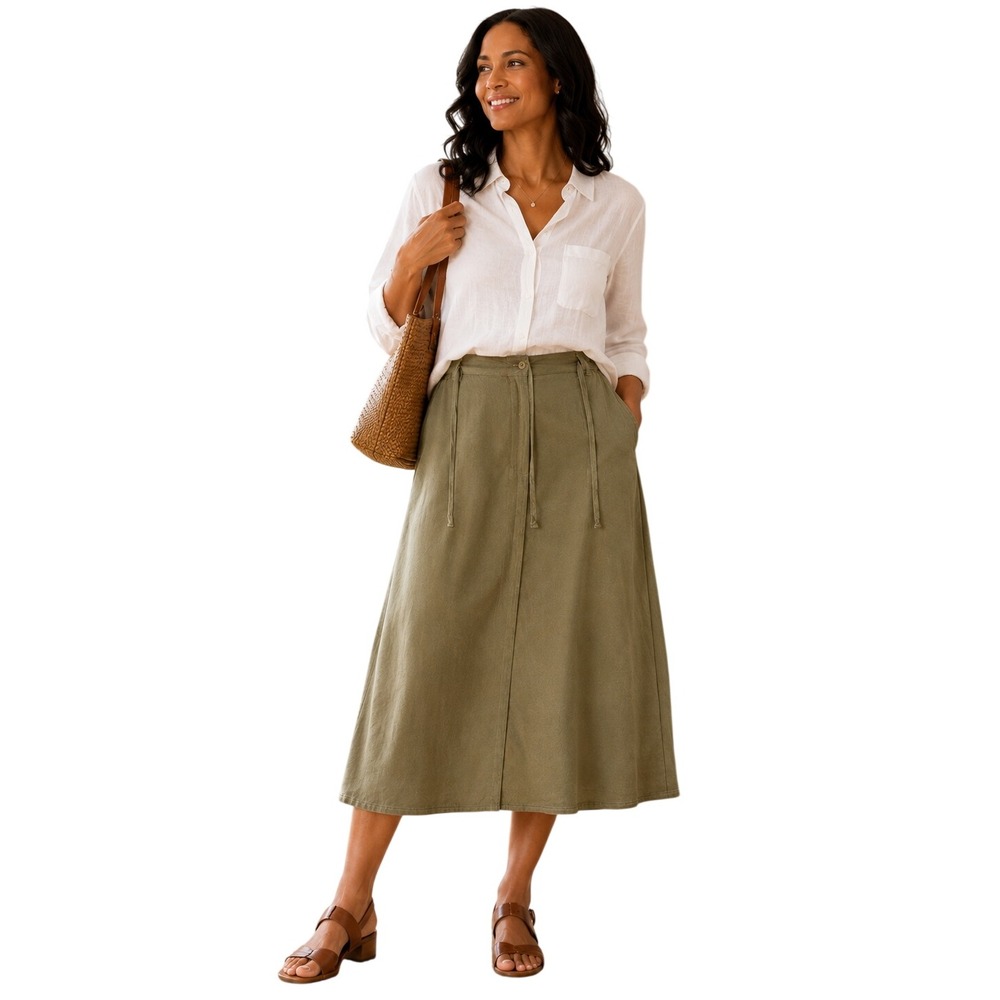 J. Jill Skirt Womens 16 Olive Green Midi Tie Waist Satin Trim Boho